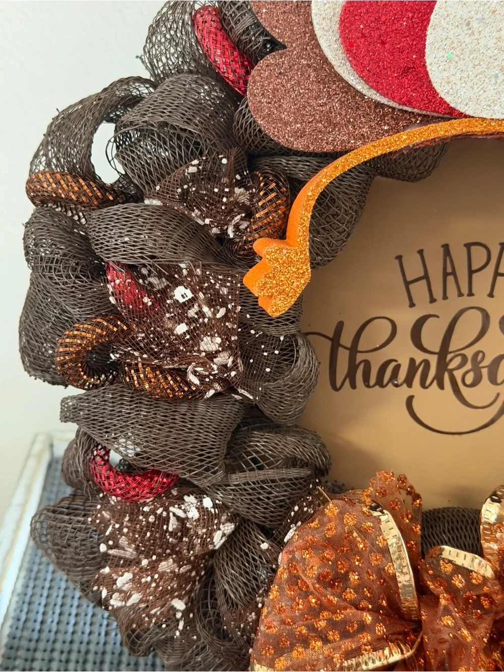 Happy Thanksgiving Turkey Wreath - Brown & Red Holiday Door Decor
